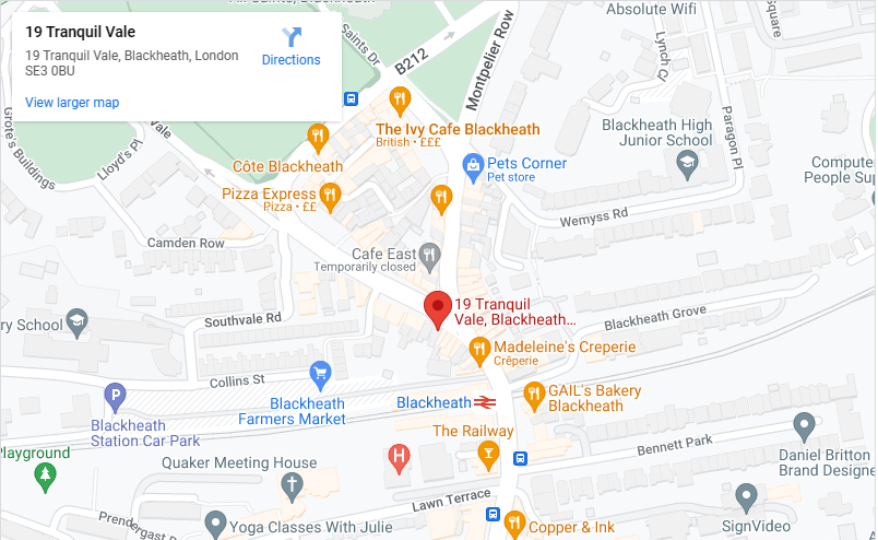 Google Map showing the location of acupuncture clinic in Blackheath